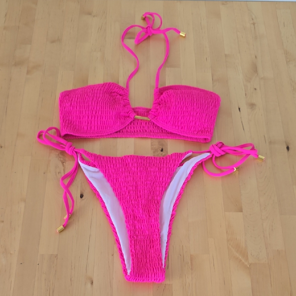 NWOT Shein Hot Pink Smocked Halter Bra & Thong Bottom 2 Piece Bathing Size S